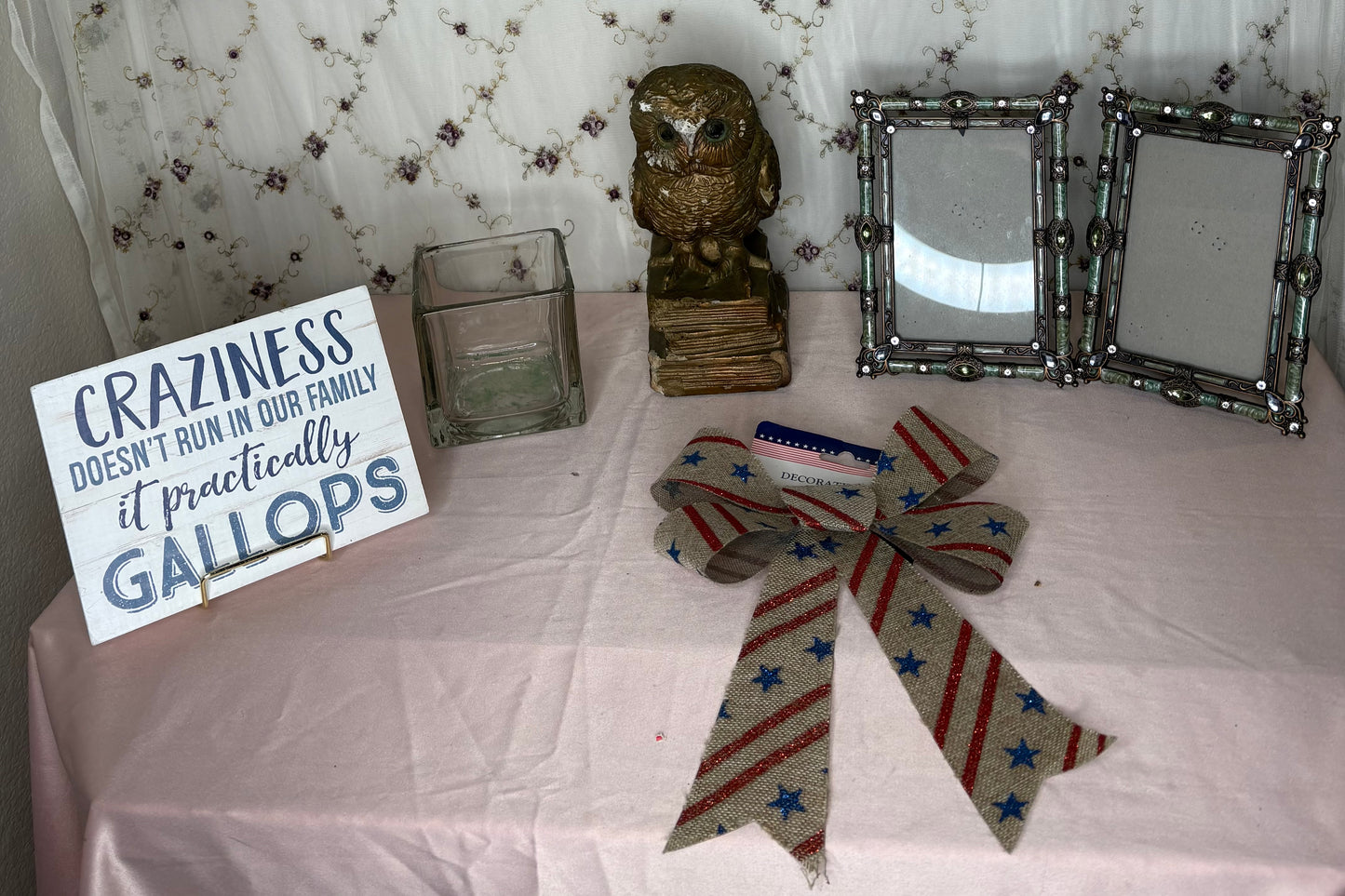 Frames $3, Bow $.50, Owl $1, Vase $1, Sign $3