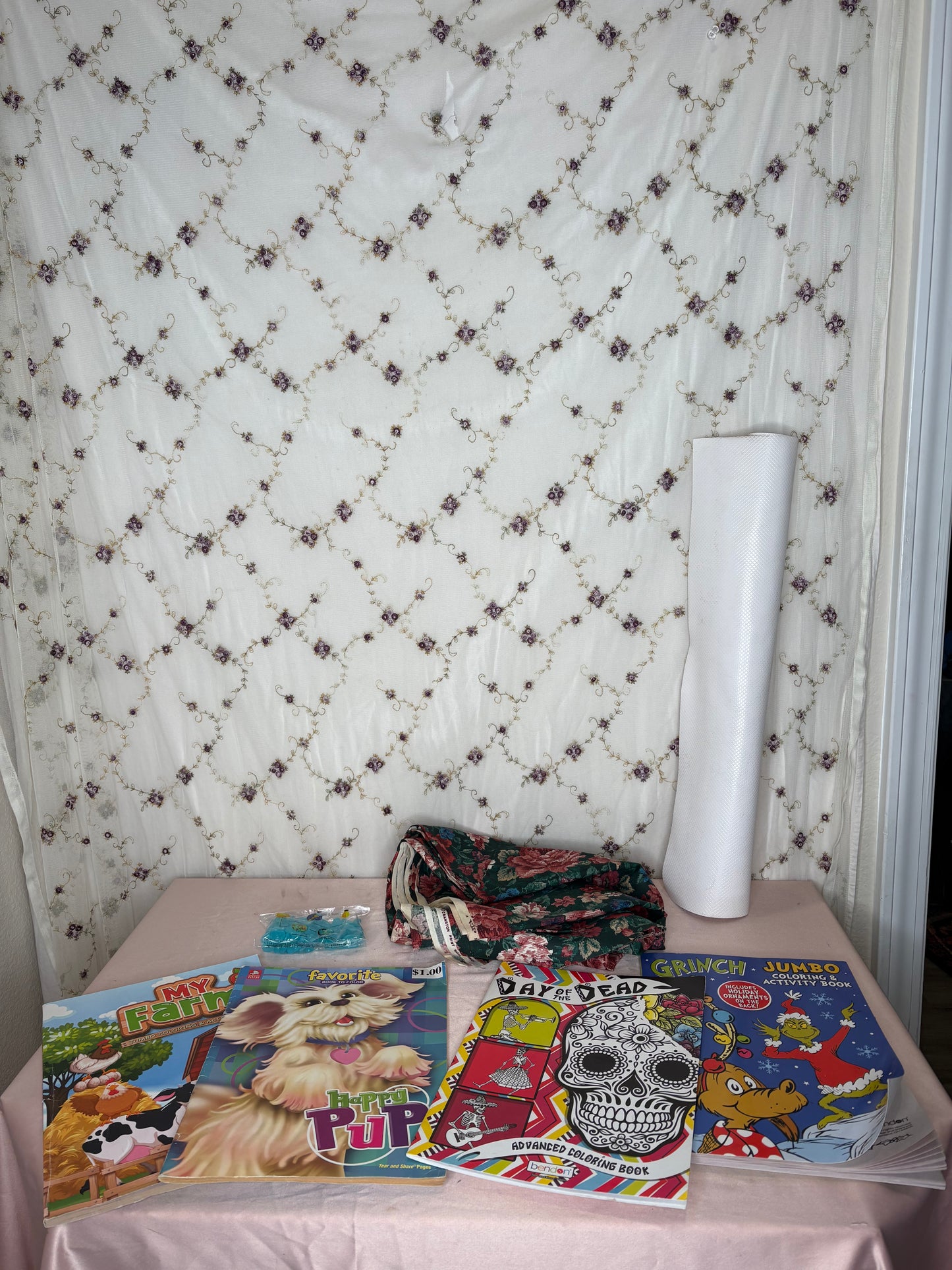 Coloring books, fabric, vinyl, rocks